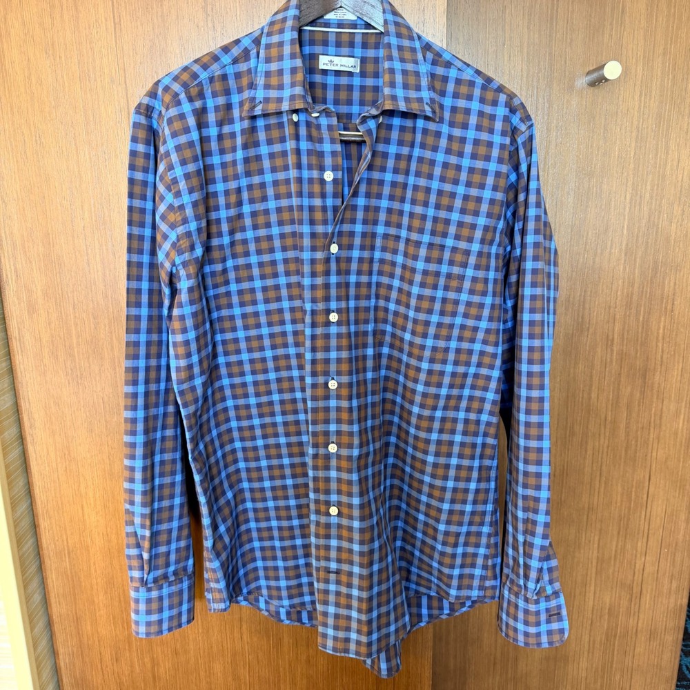 Peter Millar Mens Blue Brown Gingham Check Cotton Button Down Shirt Large